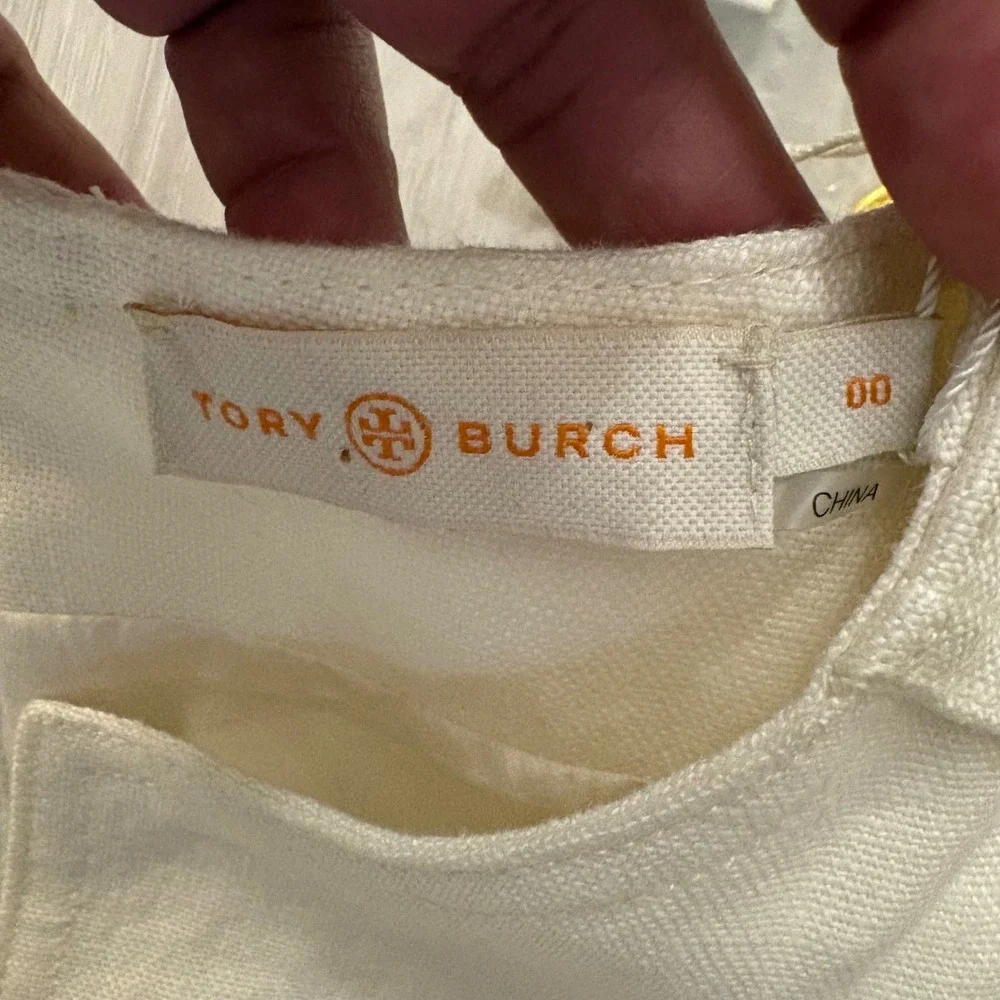 Tory Burch Dress Women Cream Linen Shift Short Sleeve Epaulet Detail Size 00